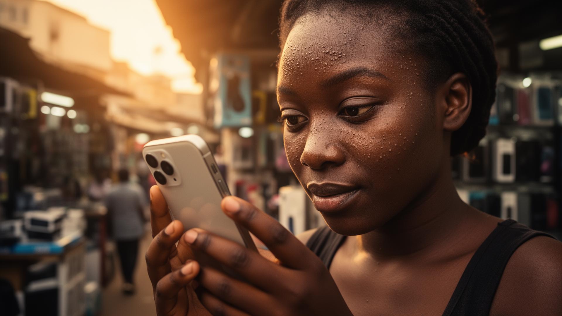 A GetHelp helper checking a phone in a Lagos market at golden hour
